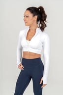 Women’s cropped activewear jacket in White with sculpted fit – side view