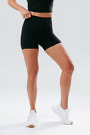 Front view of the Perform Shorts in onyx black, showing a secure high-waisted waistband designed for high-intensity training