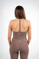 Sustainable luxe women’s halter active tank with Y-back design back view
