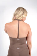 Aura Tank – Y-back halter active tank for women back view mocha colour size large