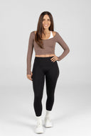 Inspire Long Sleeve Top mocha – women’s moisture-wicking active long sleeve styled with black high waist leggings and white crop