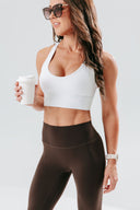 Front view of the Perform Leggings in cocoa, featuring a flattering high-waisted silhouette and brushed perform fabric