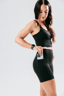 Sculpting women’s pocket shorts in Onyx for gym training and everyday wear